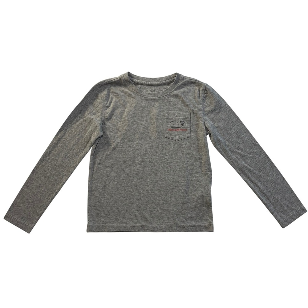 Vineyard Vines Kids Gray Holiday Santa Whale Long Sleeve Pocket T-Shirt XS 5-6